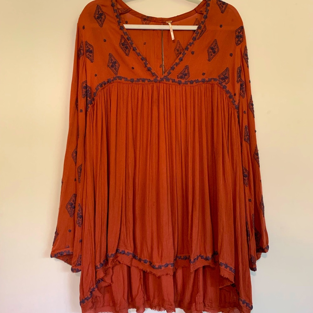 Free People Embroidered Tunic, Burnt Orange, Size XS, Oversized